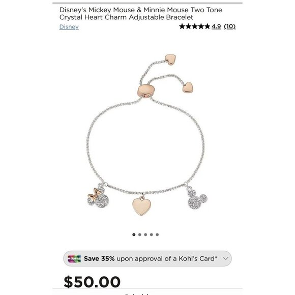 Disney's Mickey Mouse & Minnie Mouse Two Tone Crystal Heart Charm Bracelet - Picture 2 of 4
